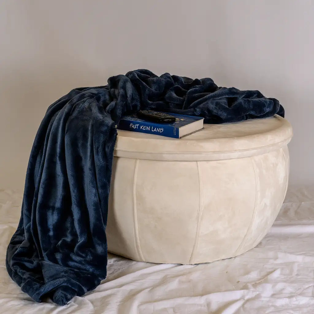 Pouf contenitore dalla forma compatta, beige e azzurro, per la casa