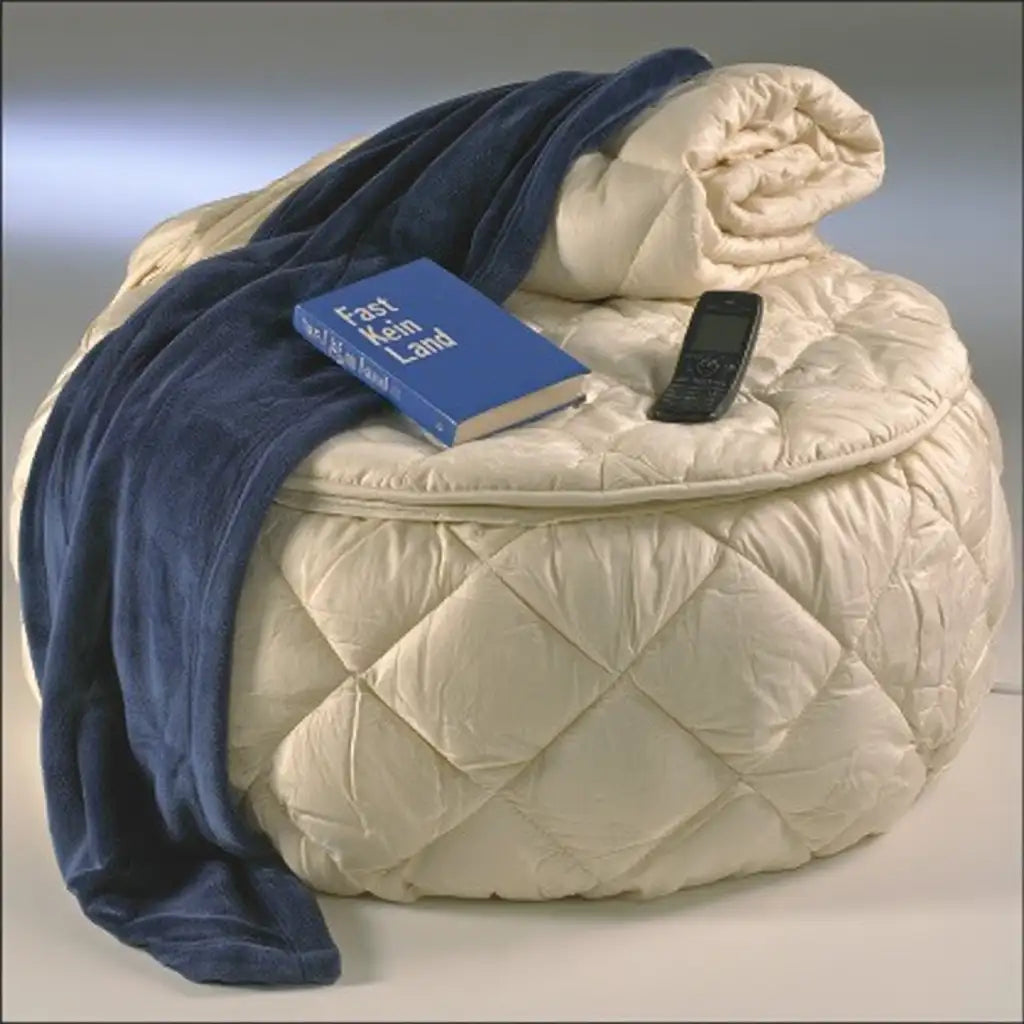 Pouf contenitore dal design essenziale, beige e azzurro, per la casa