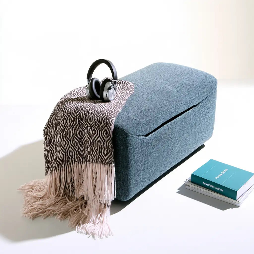 Pouf contenitore dal profilo contemporaneo, beige e azzurro, per la casa