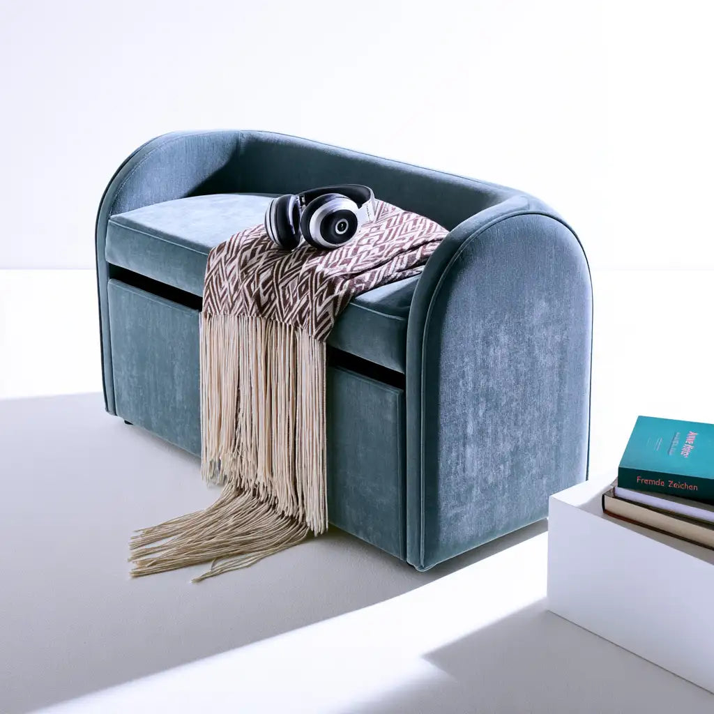 Pouf contenitore dalla forma compatta, beige e azzurro, per la casa