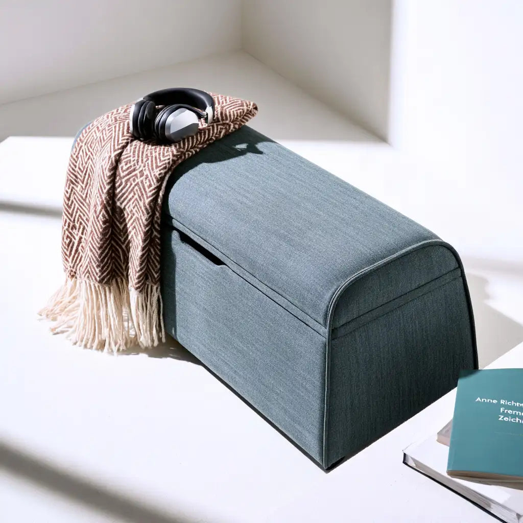 Pouf contenitore dalle linee moderne, beige e azzurro, per la casa