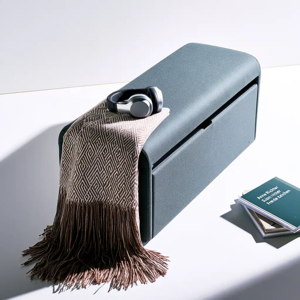 Pouf contenitore dal design essenziale, beige e azzurro, per la casa
