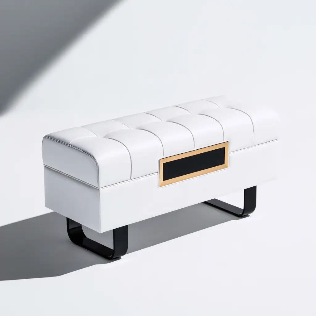 Pouf contenitore dal profilo contemporaneo, beige e azzurro, per la casa