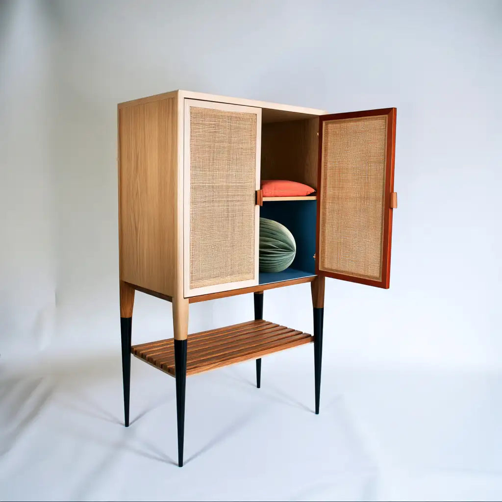 Mobile contenitore con ante dal design essenziale, marrone e nero, per la casa