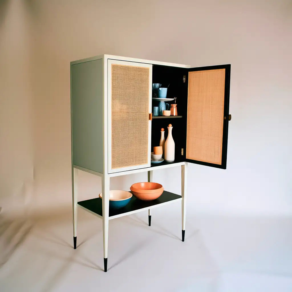 Mobile contenitore con ante dal design essenziale, marrone e nero, per la casa