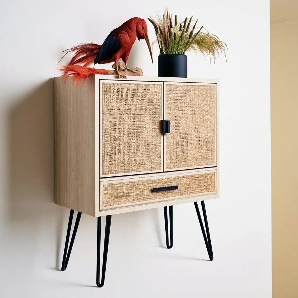 Mobile contenitore con ante dal design essenziale, marrone e nero, per la casa